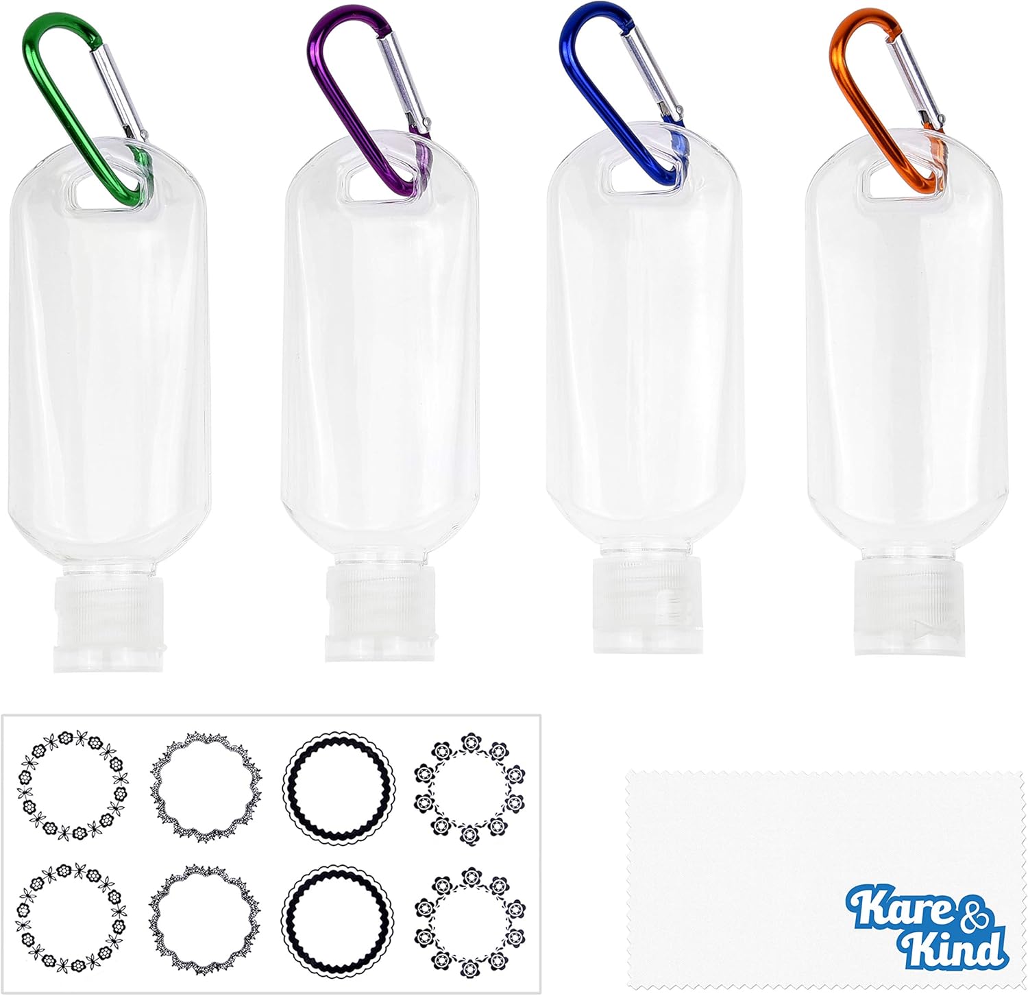 Kare & Kind Clear Portable Travel Bottles, 4x Empty Bottles with Flip Top Caps, 4x Carabiner, 1x Sticker Label Sheets