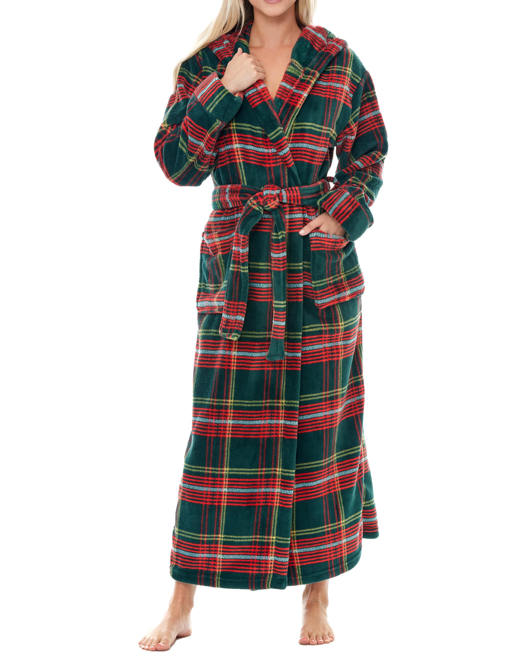 Alexander Del Rossa Womens Robe, Long Plush Bathrobe with Hood, Hooded Robes for Women Plus Size Bath Robe, Forest Tartan Plaid, Small Image