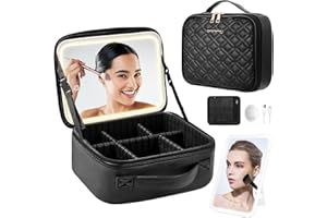 PEEH Travel Makeup Bag with Mirror of LED Lighted, Makeup Train Case with Adjustable Dividers and 10x Magnifying Mirror, Cosmetics Organizer for Women (Black)