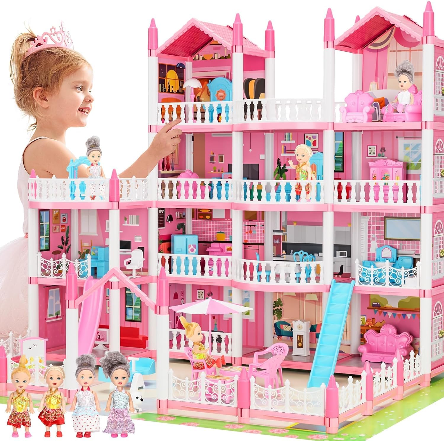 Photo 1 of Huge Dream Doll House 4-Story 13 Rooms with Dolls, Mat, Led Light, Aceesories, Dollhouse Toy Gift for Girls Kids Aged 6-8 6-7