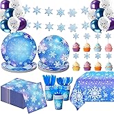 Yungyan 208 Pieces Winter Snowflake Party Supplies Blue Purple Wonderland Disposable Tableware Christmas Snowflake Set Plates Napkins Cups Cutlery Tablecloth Balloons Banner & Cake Toppers, 24 Guests
