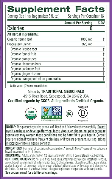 TRADITIONAL MEDICINALS ORGANIC SMOOTH MOVE LAXATIVE TEA, 16 TEA BAGS (PACK OF 1)