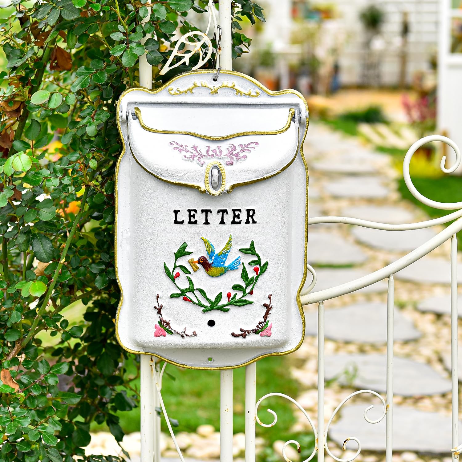Photo 1 of Sungmor Cast Iron Wall Mount Mailbox, Country Style Post Box for Outside, Vintage White Letter Box with Charming Design, Decorative Heavy Duty Locking Mailbox, Garden Front Porch Entryway House Decor