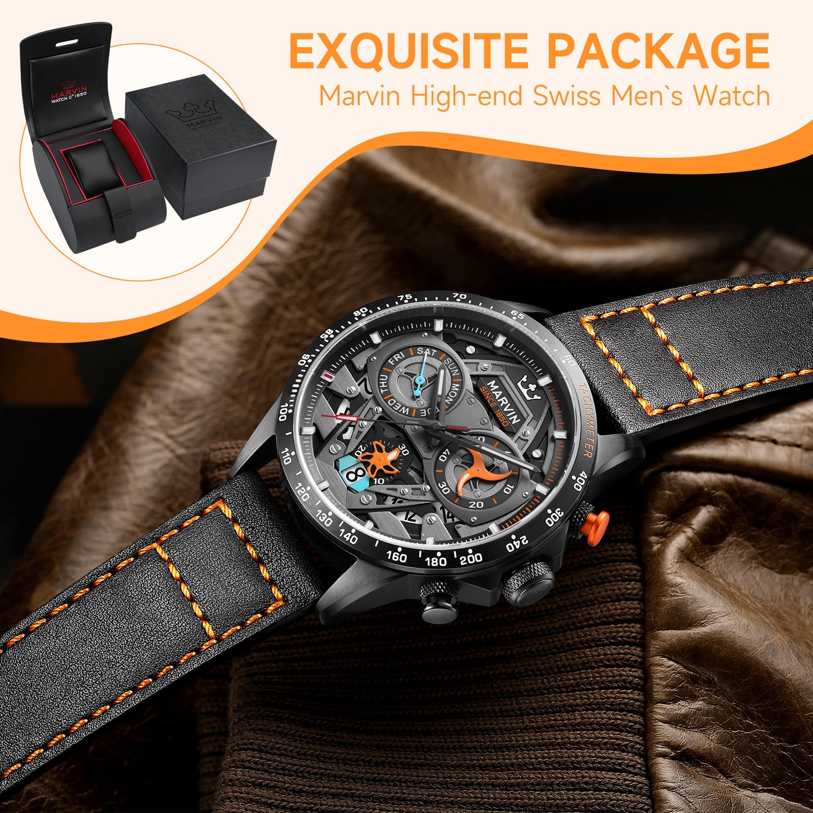 marvin Chronograph Watches for Men Swiss Mens Watch Luxury Men's Wrist Watches with Leather Strap and Weekday,Hour,Date Dial,Quartz Movement,Stainless Steel Case, Luminous,50M Waterproof