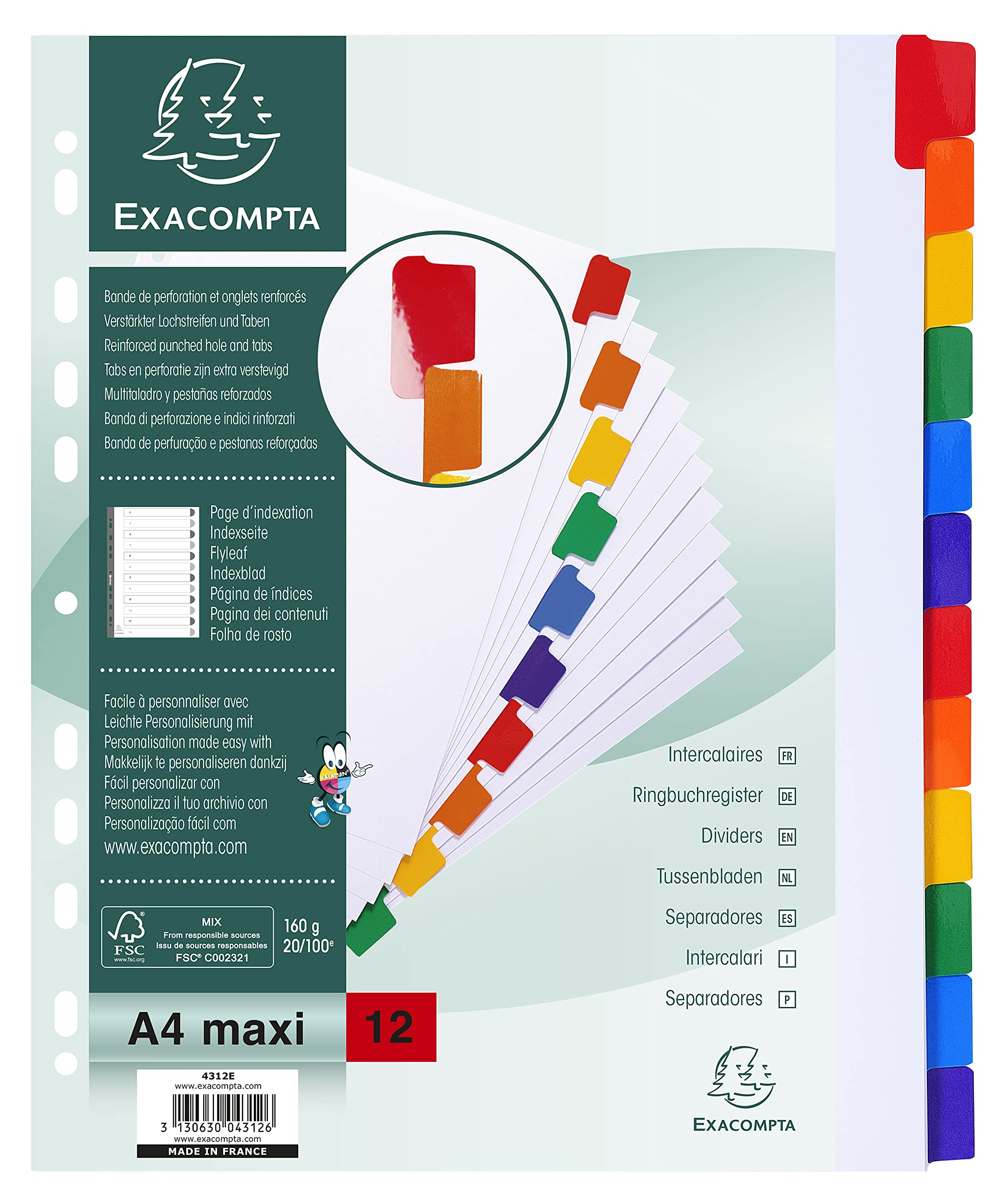Exacompta - Ref 4312E - Document Dividers - Suitable for A4+ Documents, 160gsm White Card, Plastic-Coated Multicoloured Tabs, Pre-Punched, FSC-Certified, 12 Sections