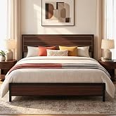 LIKIMIO King Bed Frame and Headboard, Unique Mid-Century Modern Design | Metal Platform Bed with Under-Bed Storage, Heavy Duty Metal Slats Sturdy &amp; Noise-Free, Dark Walnut