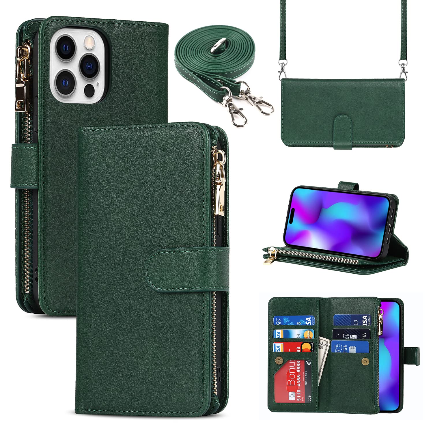 Cavor Compatible with iPhone 14 Pro Max Case With Card Holder With Strap,Flip Leather Crossbody Women Wallet Case,[9 Card Holders][2 Lanyards],Cover Phone Case - Dark Green — image 1