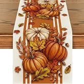 Juynyyn Fall Table Runner Orange Pumpkin Maple Leaf Stripes Fall Table Runner, Seasonal Autumn Kitchen Dining Table Decoration for Home Party Decor 13x72inch
