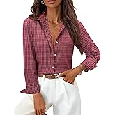 siliteelon Womens Plaid Shirts Gingham Top Button Down Long Sleeve Dress Shirts Cotton Casual Work Blouse