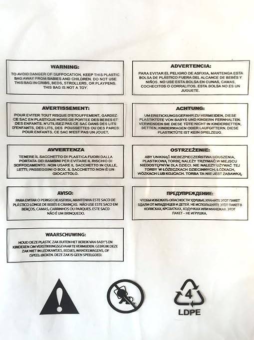 100 x Suffocation Warning, Self Seal, Clear Poly Bag 1.6mil /40 Micron