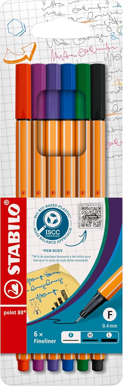 Stabilo Point 88 Fineliner Pack of 6 Assorted Colours 0.4 mm