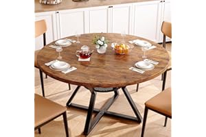 Concho 55" Round Kitchen Dining Room Table for 4-6,Circle Dining Dinner Table with Pedestal Metal Frame,Space Saving Wood Kitchen & Dining Room Furniture, Rustic Brown