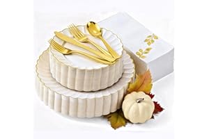 By Madee HIGH END 175 Pc Ivory Scalloped Plastic Plates with Gold Trim | Fancy Disposable Dinnerware Set | Nice Disposable Plates and Cutlery Set w/Cloth Like Napkins for Weddings & Party (25 Guests)