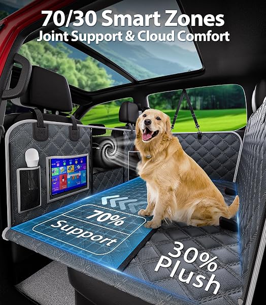 PETGENIE DOG CAR SEAT COVER FOR BACK SEAT 10-LAYER MILITARY-GRADE PROTECTION, HARD BOTTOM DOG HAMMOCK, PET BED EXTENDER FOR DOGS, WATERPROOF SEAT PROTECTOR UNIVERSAL XL SIZE FITS FOR SUV MEDIUM TRUCK