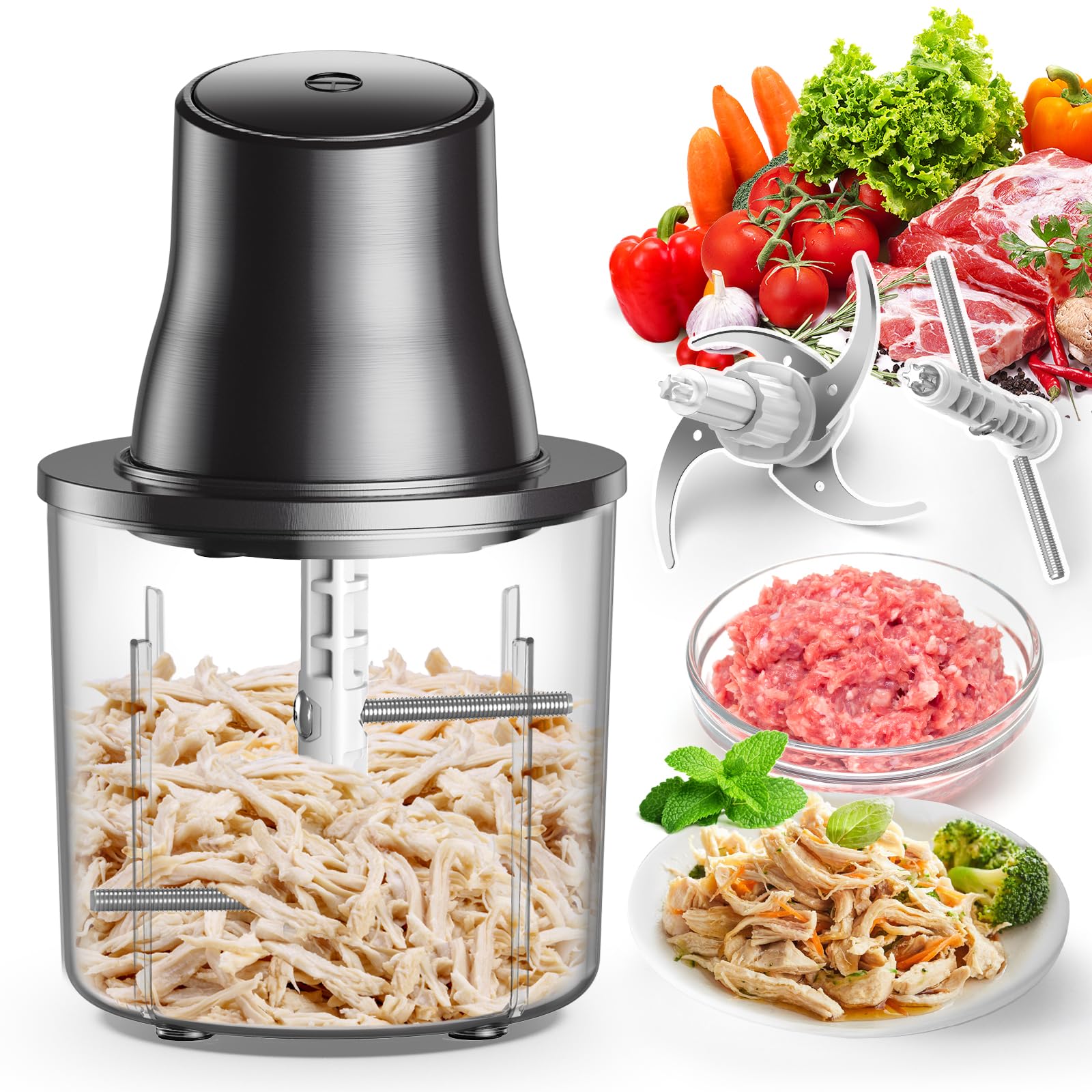 Photo 1 of Chicken Shredder, Electric Food Chopper with Meat Grinder & Chicken Breast Shredder Tool with 250W Copper Motor, 1.5L Bowl & Bi-Level Blades Anti-Slip Base for Meat/Fruits/Vegetable/Pet Food