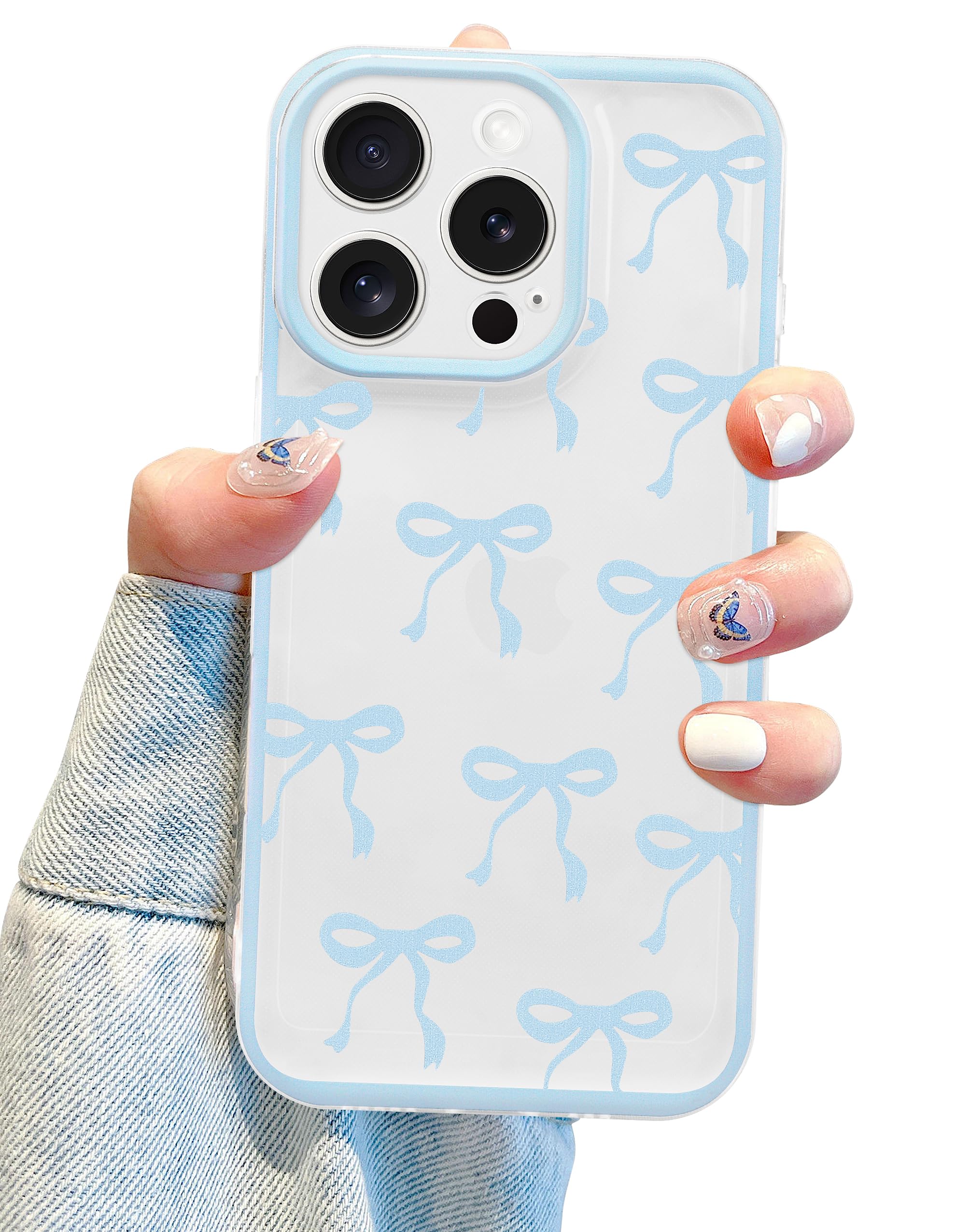 Photo 1 of Jusy Compatible with iPhone 12 Pro Max Bow Phone Case, Cute Clear Ribbon Bowknot Pattern Aesthetic Soft TPU Transparent Cases Protective Phone Cover for Women Girly - Blue