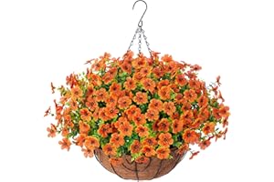 HyeFlora Artificial Fake Fall Hanging Plants Flowers Basket for Outdoor Decor, Faux Silk Orange Mums Daisy in Planter Look Real UV Resistant for Autumn Porch Home Patio Garden Yard Decoration