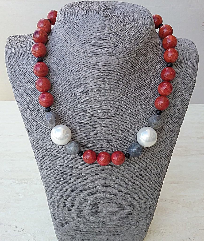 Sponge coral, labradorite, shell pearl and onix necklace