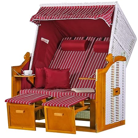 Mr. Deko Strandkorb Modell Ostsee Weiß Royal Rot Weißes PE Rattan Nadelstreifen Roter Stoff Strandkörbe