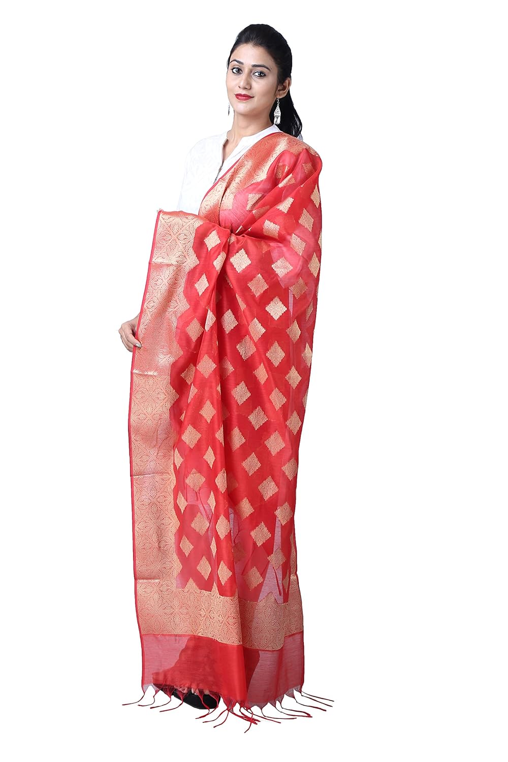 angelfab women's banarasi silk chanderi dupatta (dup10, red, free size)