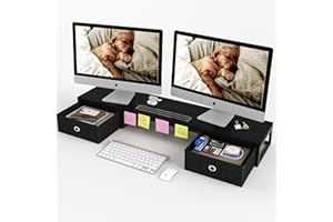 MEXIN Dual Monitor Stand Riser with 2 Drawers - 39Inch Large Storage Computer Monitor Stands for 2 Monitors, Wooden Desktop Organizer Perfect for Home Office Desk, Computer, Laptop, TV, Black