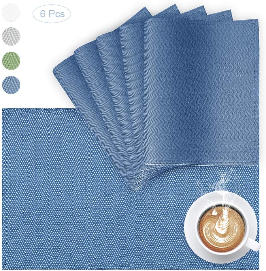VCVCOOQuilted Double Sided Placemats for Kitchen Dining Table, Waterproof Fabric Placemats Set of 6, Blue Herringbone Fabric Table Mats Machine Washable