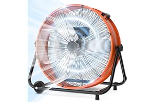 LifePlus 24 Inch Industrial Drum Fan High Velocity Floor Fan 3 Speed, Heavy Duty Metal Air Circulator with Adjustable Tilt & Large Wheel for Warehouse, Garage, Factory, Patio, Barn, Shop, Orange