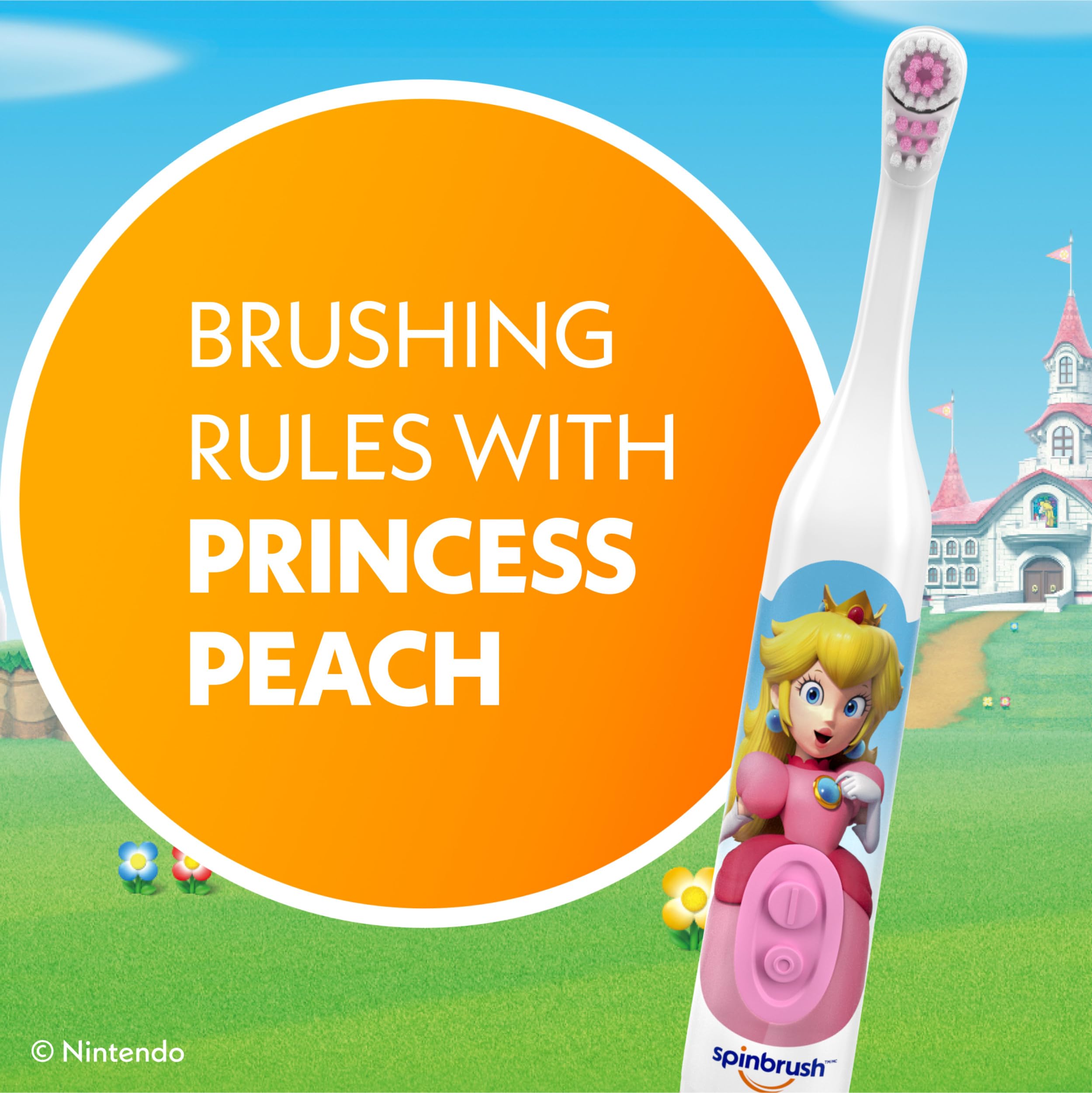 Princess Peach Kid’s Spinbrush Electric Battery Toothbrush, Soft Bristles