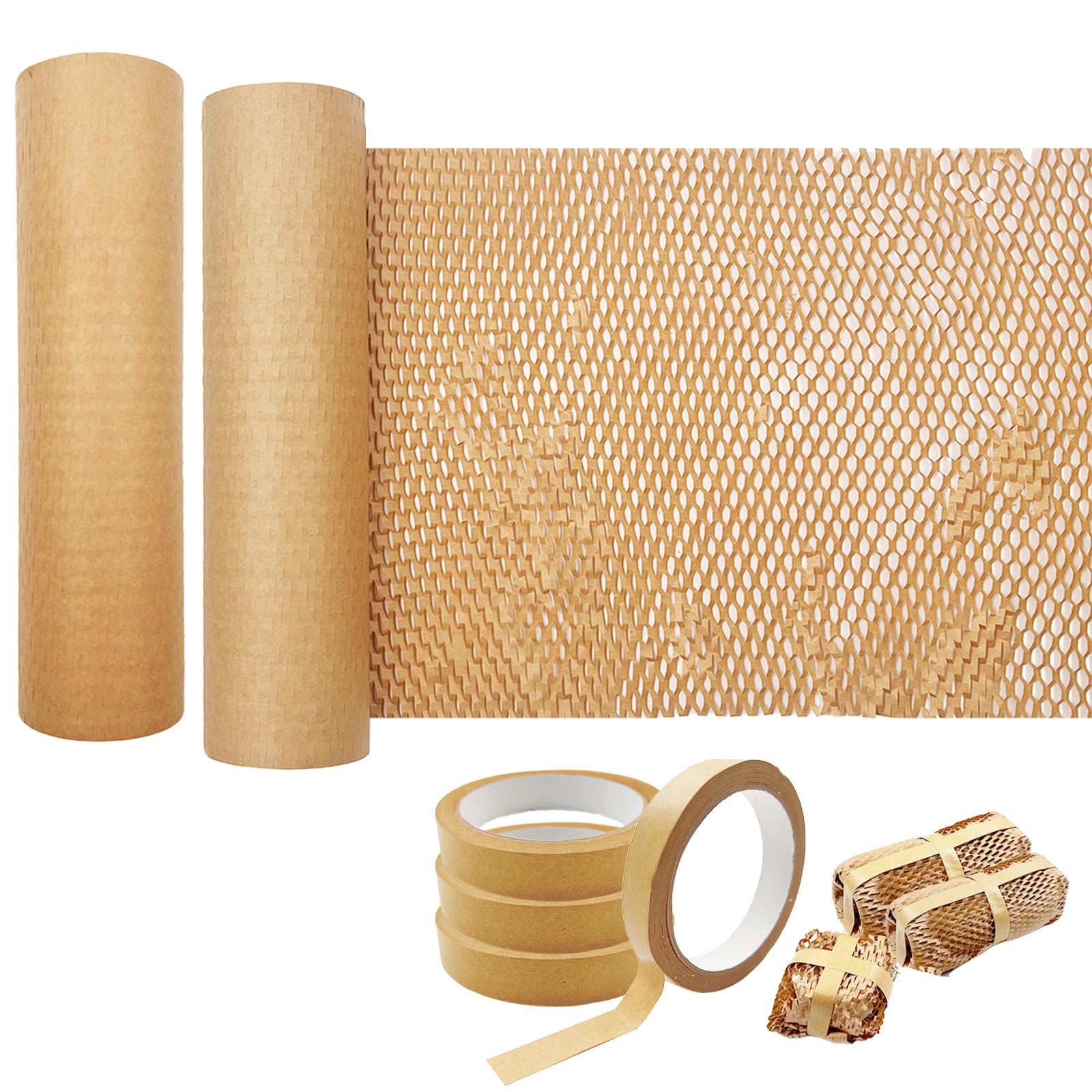 SNAIL GARDEN 2 Rolls Honeycomb Packaging Paper & 4 Rolls Kraft Tape For Better Protection - 30M x 30cm Bubble Wrap, Packing Paper Cushioning Wrap for Moving, Shipping, Gift