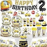 Xynic 187pcs Construction Birthday Party Supplies for 2 Year Old Boy, Complete Paper Tableware Set Includes 300gsm Plates and Waterproof Tablecloths, Im 2 and Digging It Party Decor Serves 25