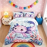 UEVBF Cute Axolotl Bedding Set Twin Size,Color Axolotl Waterweed Jellyfish Pattern Toddler Bed Comforter Set,Kawaii Ocean Life Bedding Sets for Kids Boys Girls Room Decor with 2 Pillowcases.