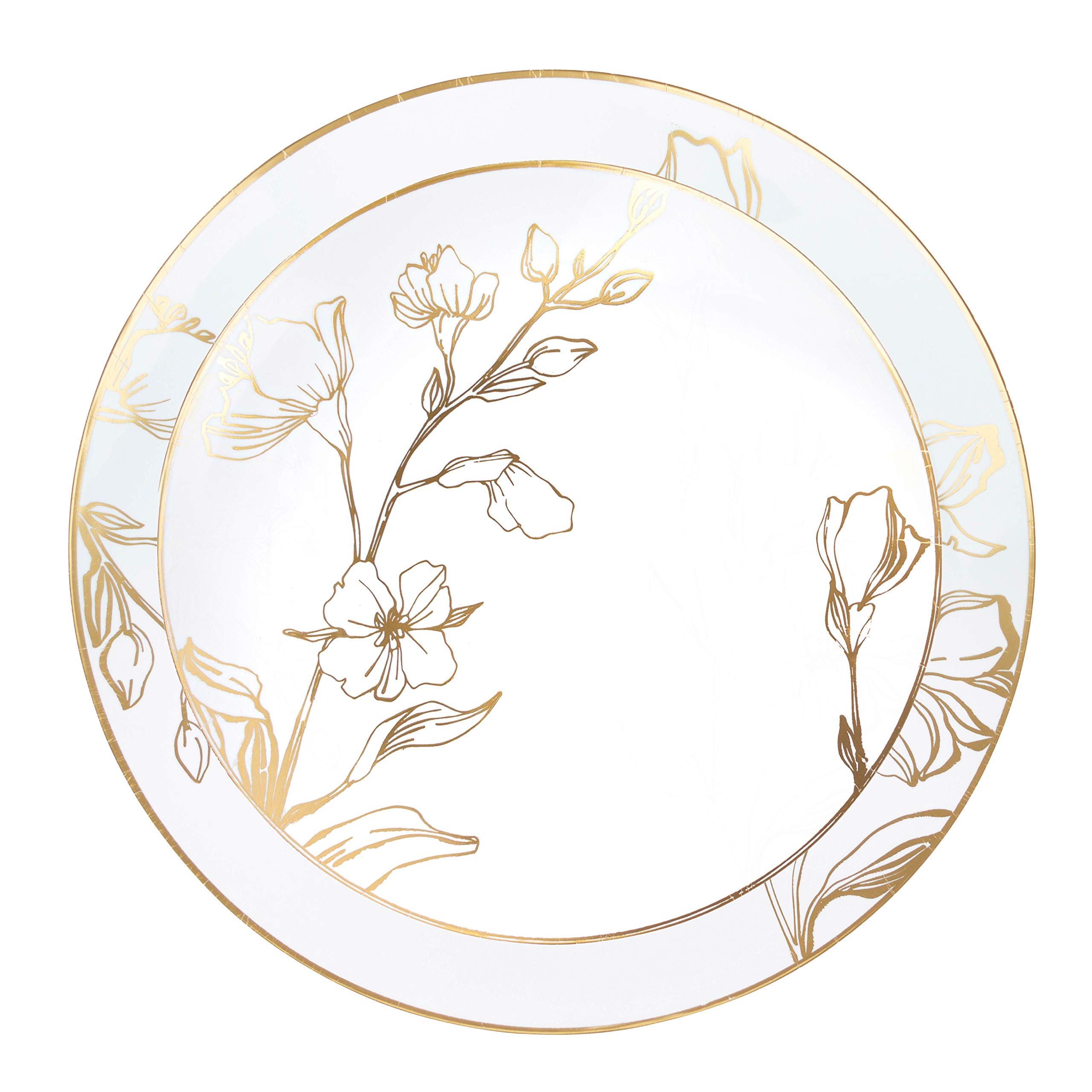 PLASTICPRO 60 Piece Combo Plates Set includes 30-7'' inch & 30-10'' inch White Plastic Floral Design Party Plates With Gold Rim, Premium heavyweight Elegant Disposable Tableware Image