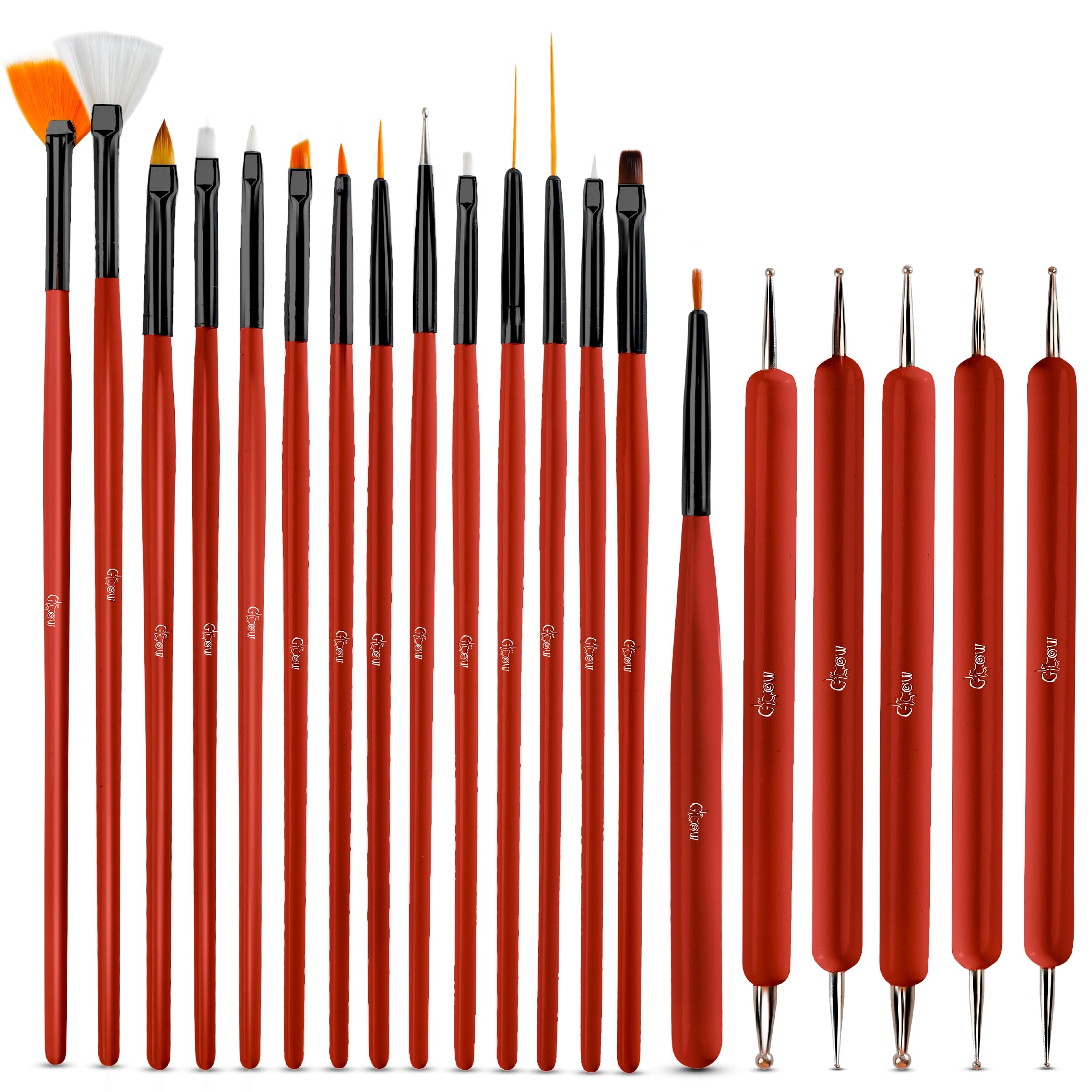 Glow 20 Piece Nail Art Brushes & Dotting Tools Set – Professional Gel & Acrylic Nail Art Kit, DIY Manicure Painting Pens for Beginners & Salon Use – Red Wooden Handle