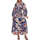 Lazysmile Maxi Dresses for Women 2025 Casual Long Sleeve Button Down Belted Boho Floral Shirt Dress with Pockets