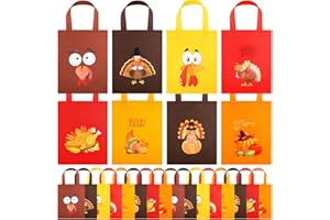 Cunno 24 Pcs Thanksgiving Turkey Gift Bags 7.9 x 9.8 Inch Non Woven Fall Party Favor Bags with Handles for Thanksgiving Autumn Harvest Birthday Party Snacks Goodie Candy Treat Supplies