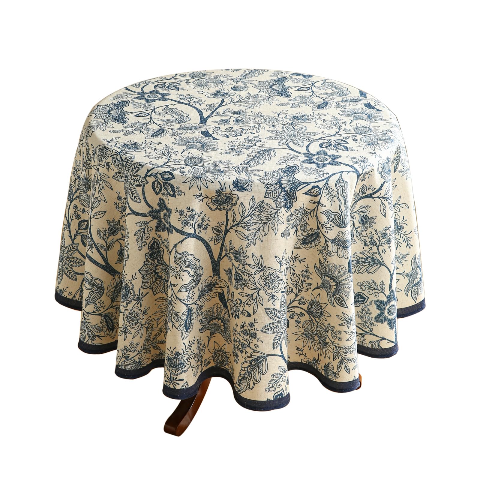 Photo 1 of ISAENNE French Floral Tablecloth for Round Tables,Linen Table Cloth with Blue Flowers Pattern,Heavy Durable Table Cover for Dining Kitchen Decor Party Banquet Christmas, Diameter 55"