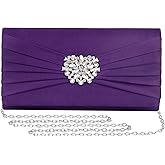 Mulian LilY Evening Bags For Women Pleated Satin Rhinestone Brooch Prom Clutch Purse With Detachable Chain Strap