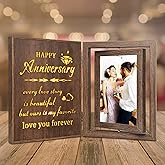 EYITUPC Light Up Anniversary Picture Frame Gifts for Women Men, Vintage Brown Rotating Wooden Glowing Photo Frame, Wedding Anniversary Frame Gifts for Her Him Wife Husband Couple - Holds 2 4x6 Photos