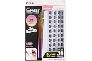 KISS imPRESS Falsies Self Adhesive Eyelashes, Press On Lashes, 12mm-14mm Glam Volume Lashes, Black, No Glue Needed, Invisible Band, 36 Lash Clusters & Non-Stick Applicator - Voluminous