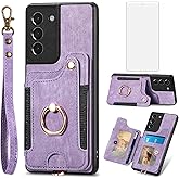 Phone Case for Samsung Galaxy S21 FE 5G Wallet Cover with Screen Protector and Wrist Strap Lanyard RFID Card Holder Ring Stand Cell Accessories S 21 EF S21FE5G UW S21FE 21S G5 6.4 inch Women Purple