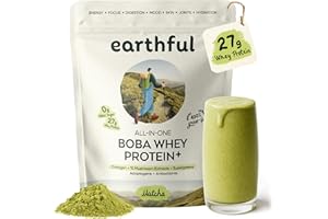 EARTHFUL Boba Whey Protein + Grass-Fed Whey & Collagen, Boba Tea with Supergreens, 10 Mushrooms, Adaptogens, Nootropics, No Added Sugar Meal Replacement, 20 Servings (20 Servings, Superior Matcha)