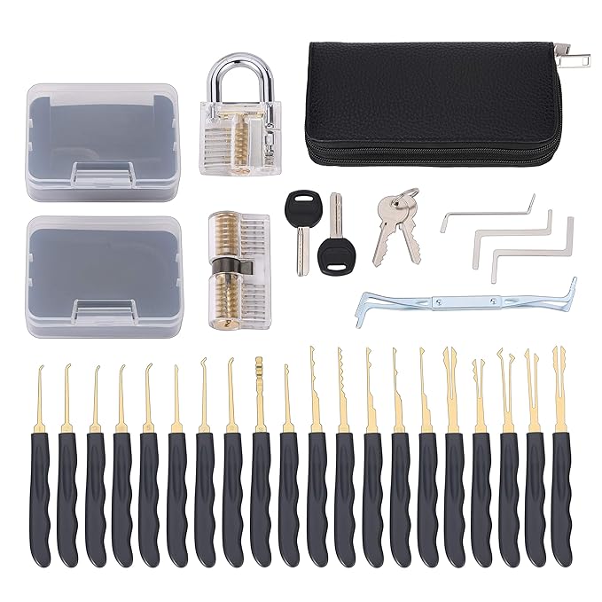 Lockpicking Set, KWOKWEI 28 Stück Dietrich Set mit 2 Transparentem Trainingsschlössern, Vorhängeschlösser, Zylinderschloss Tr