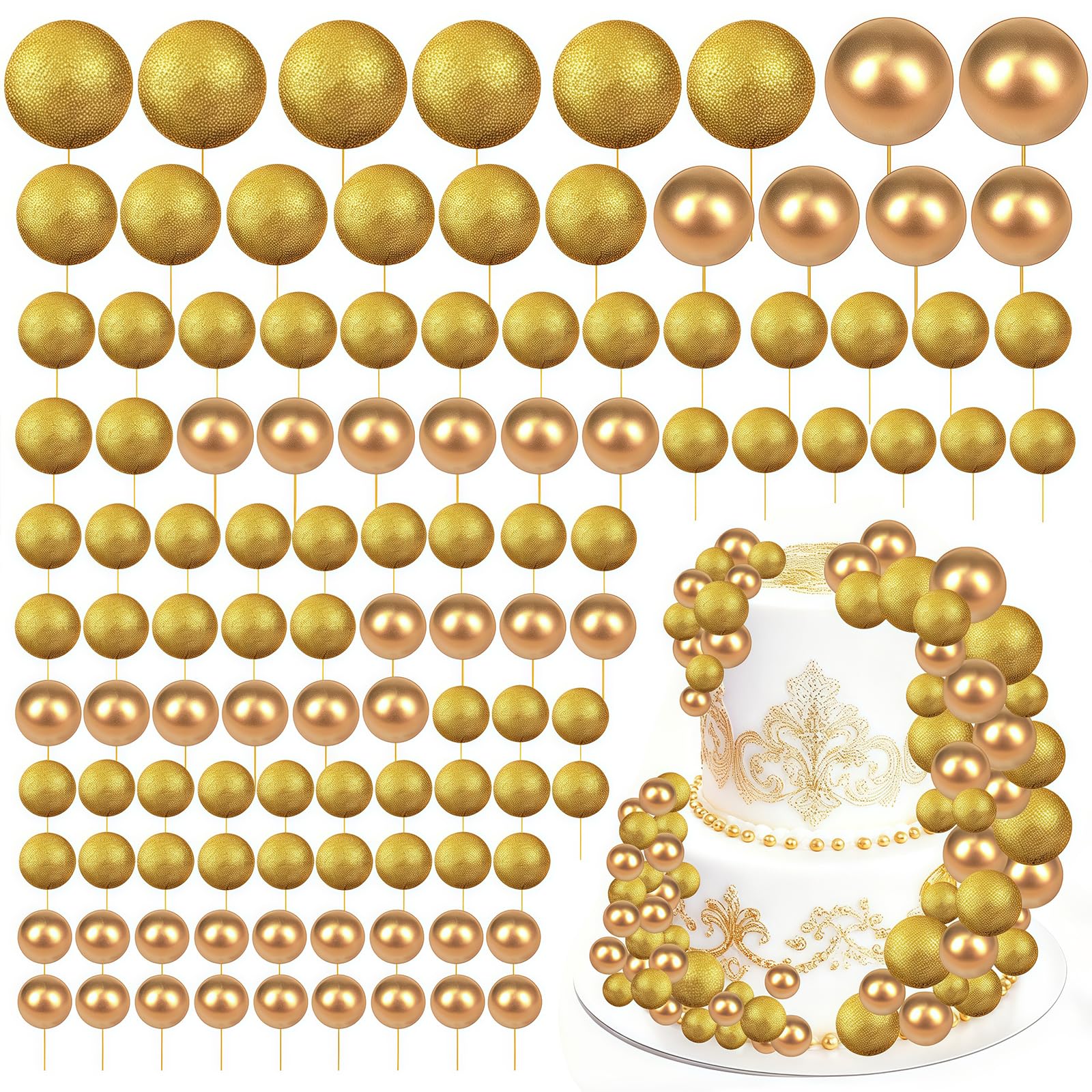 Round Ball Cake Toppers, 108 PCS Cake Balls, Ball Cake Toppers, Mini Balloons Cake, DIY Topper Insert Decoration for Wedding Party Birthday Decorating (108, Glitter Gold) — image 1