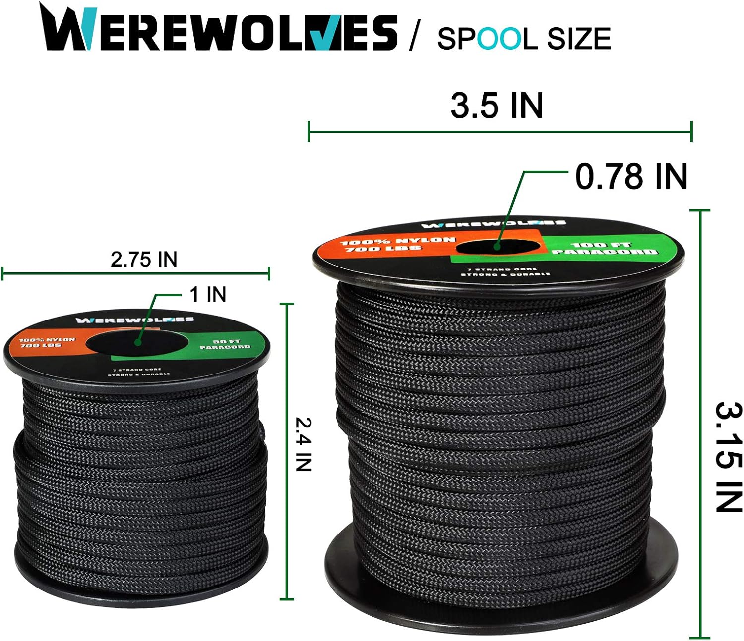 WEREWOLVES 700lb Paracord/Parachute Cord - Type III 7 Strand 100% Nylon Core and Shell 700 lb Tensile Strength Paracord Spool : Sports & Outdoors
