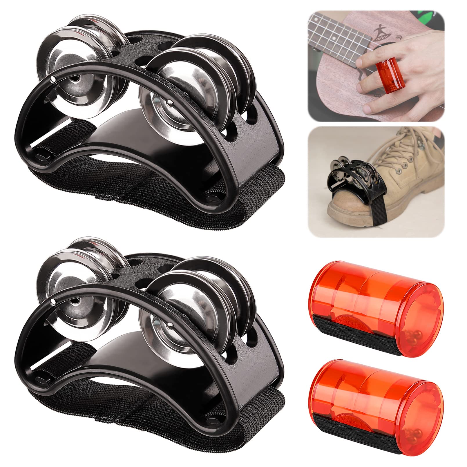 Rigych 2 pcs Rhythm Finger Shaker & 2 pcs Foot Tambourine with Elastic Strap, Percussion Musical Instrument Set for Ukulele Guitar Drum Mandolin Banjo Playing