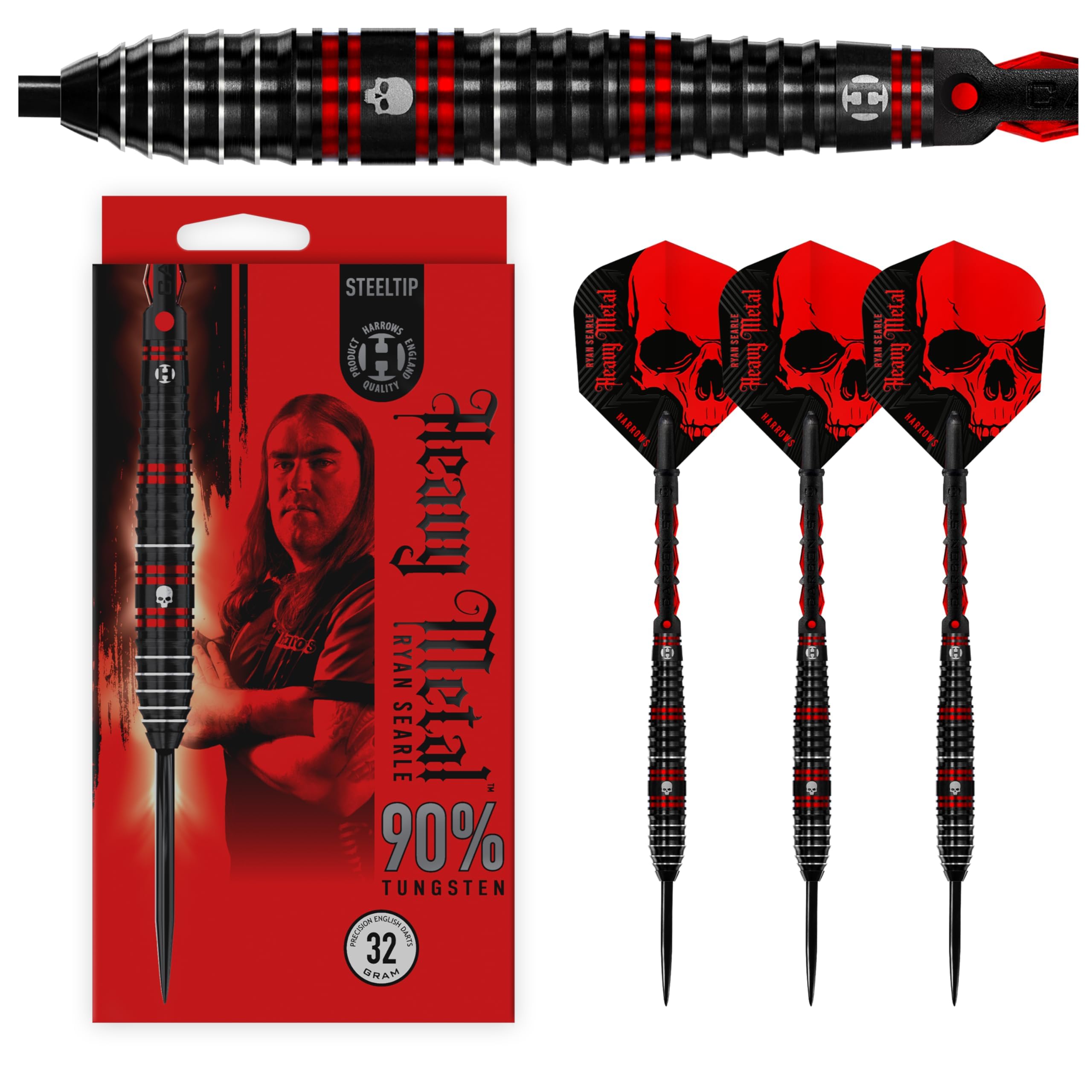 Harrows Ryan Searle 90% Tungsten Steel Tip Darts Set with Quick Point Change System | 32g | Includes Carbon ST Shafts & 100 Micron Heavy Metal Flights