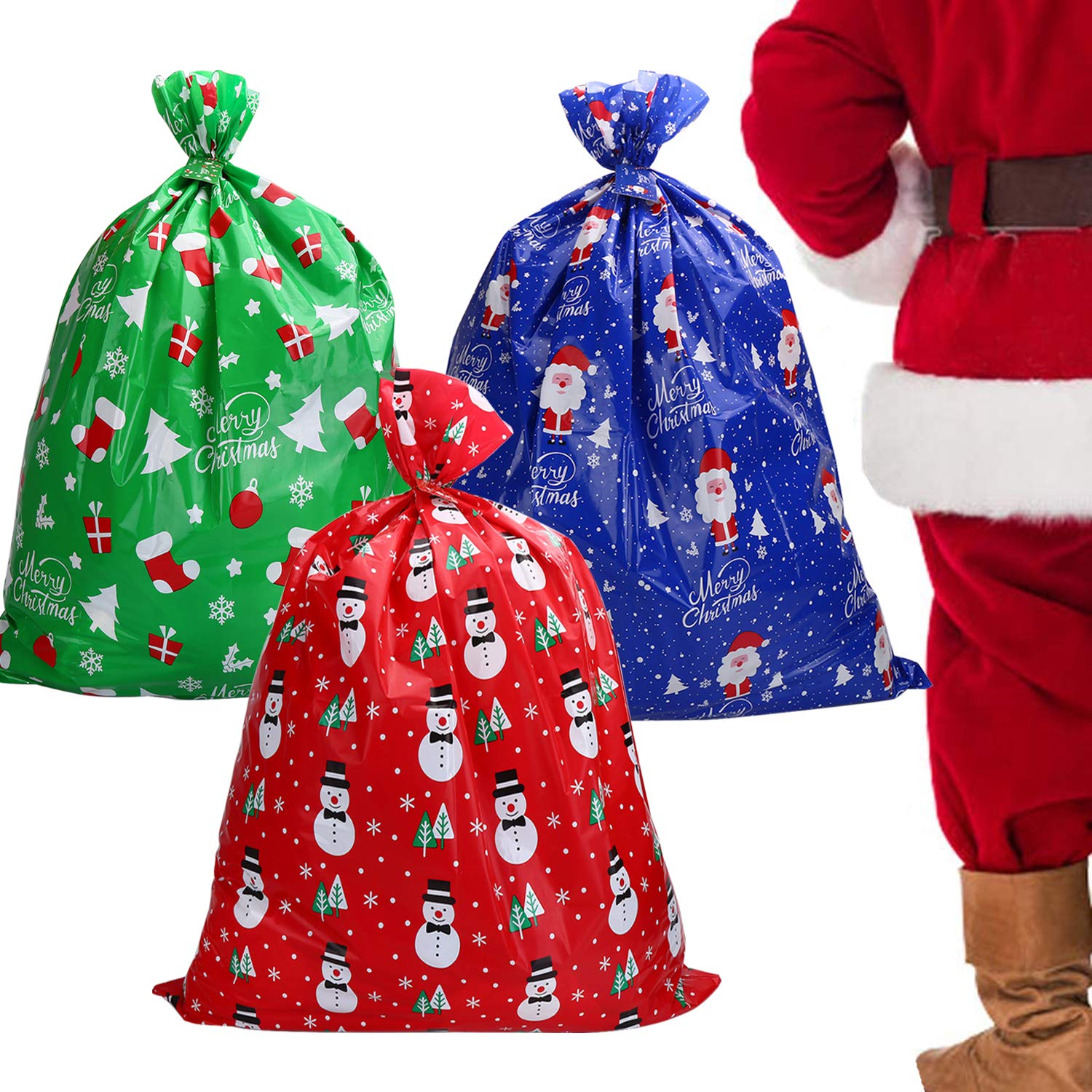 DERAYEE 3 Pack Jumbo Christmas Wrapping Gift Bags, Oversized Plastic Gift Bags with 6pcs Present Tags Label and 10 Feet Red cotton rope for Christmas Birthday Party