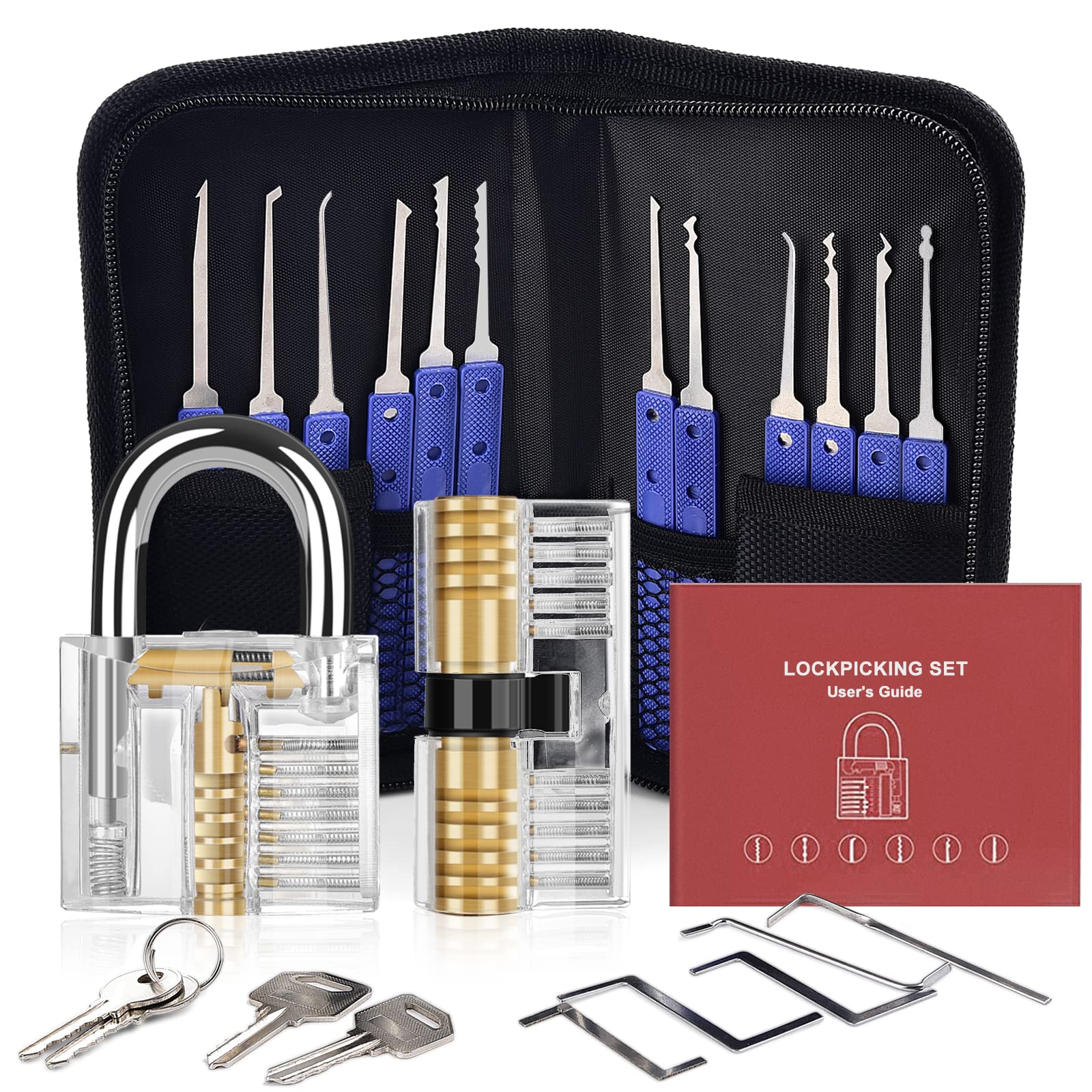Lock Pick Set, [26 Pieces] Diyife Premium Practice Lock Picking Tools with 2 Transparent Training Padlock for Lockpicking,Guide for Beginner and Locksmith Training(Blue)