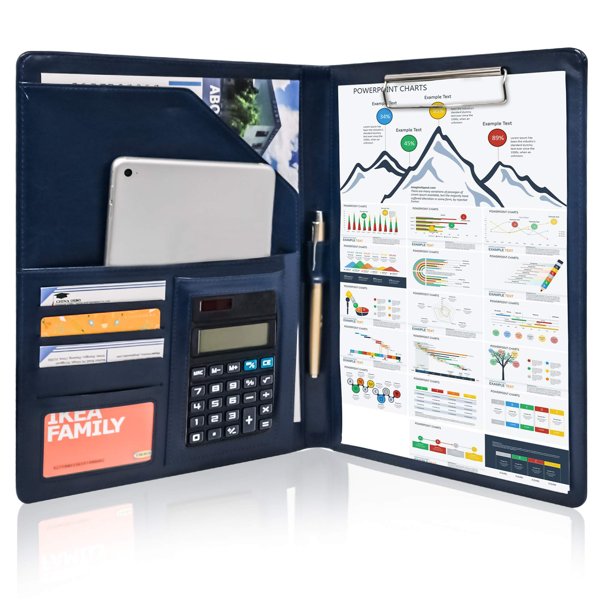 GraduationMall Business Portfolio Padfolio PU Leather Folder Interview Resume Legal Document Organizer with A4 Size Clipboard Blue