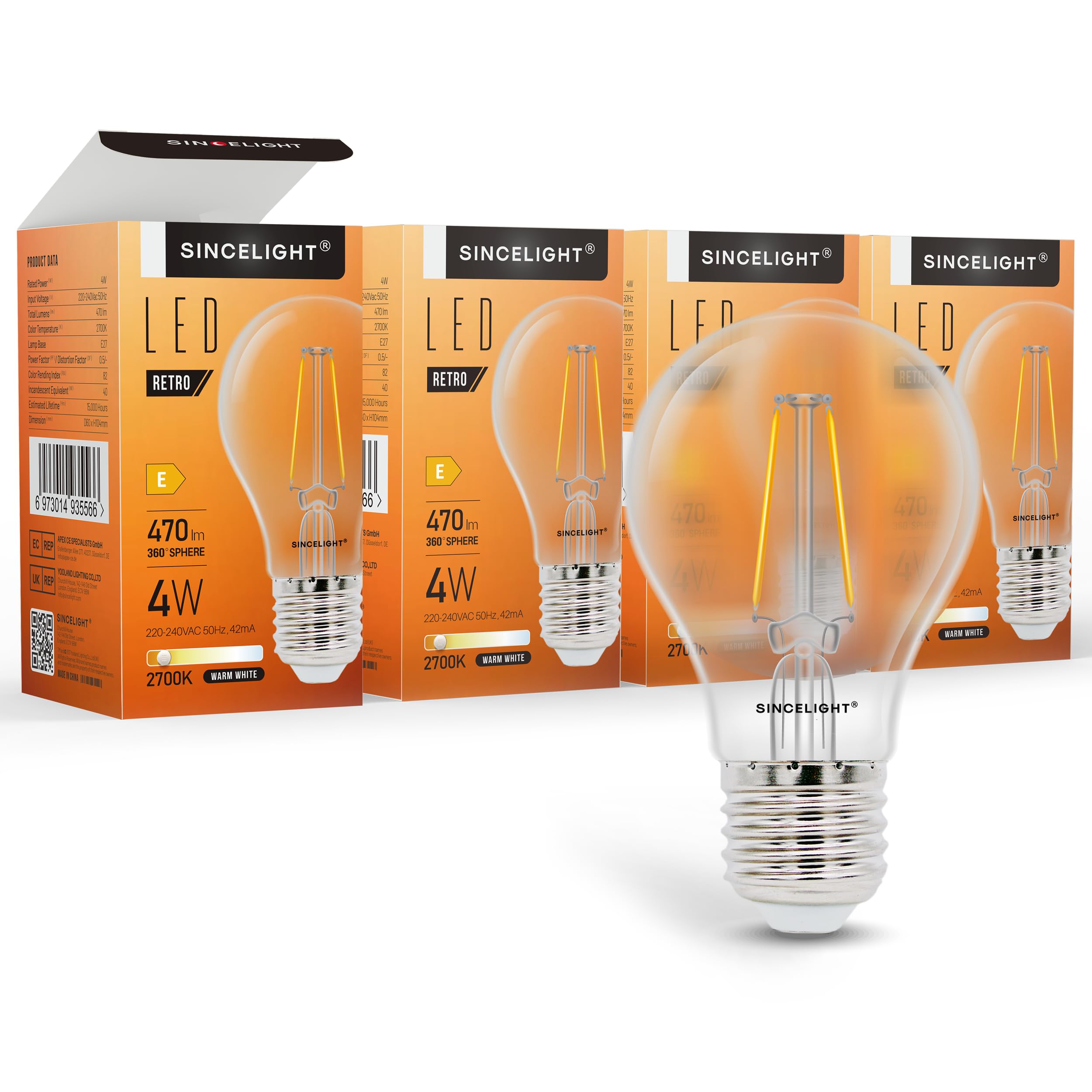 SINCELIGHT E27 LED Retro Filament Bulb,Vintage A60 GLS Pear-Shaped, 4W, 470lm Equivalent to 50W, Warm White 2700K, ES Edison Screw, Pack of 4